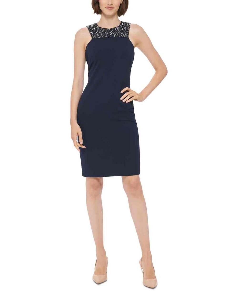 NWT Calvin Klein Womens Navy Blue Sleeveless Sheath Dress Size 4 Embellished